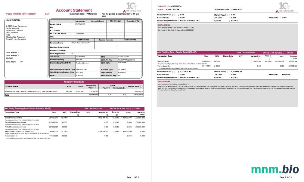Szablon wyciągu bankowego India Axis Mutual Fund, format Word i PDF, 3 strony
